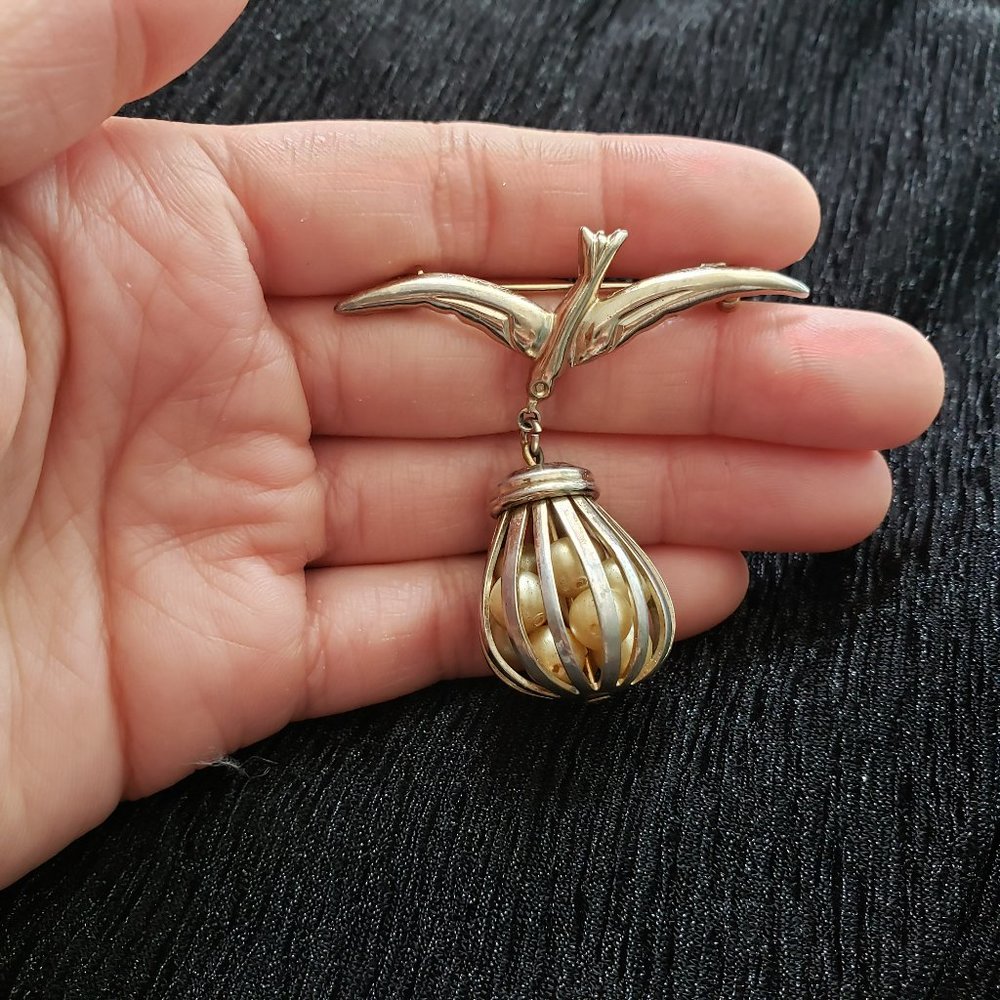Vintage Flying Bird with Cage of Pearls Pin Brooch